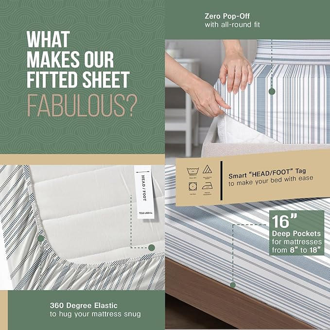 TEXAS LINEN CO. 100% Organic Cotton Printed Sheets Twin Size - 3 PC Organic Cotton Percale Sheets Twin Set (Dotted Stripe), Cooling Sheet for Dorm Room, 16" Deep Pocket Hotel Bedding - GOTS Certified