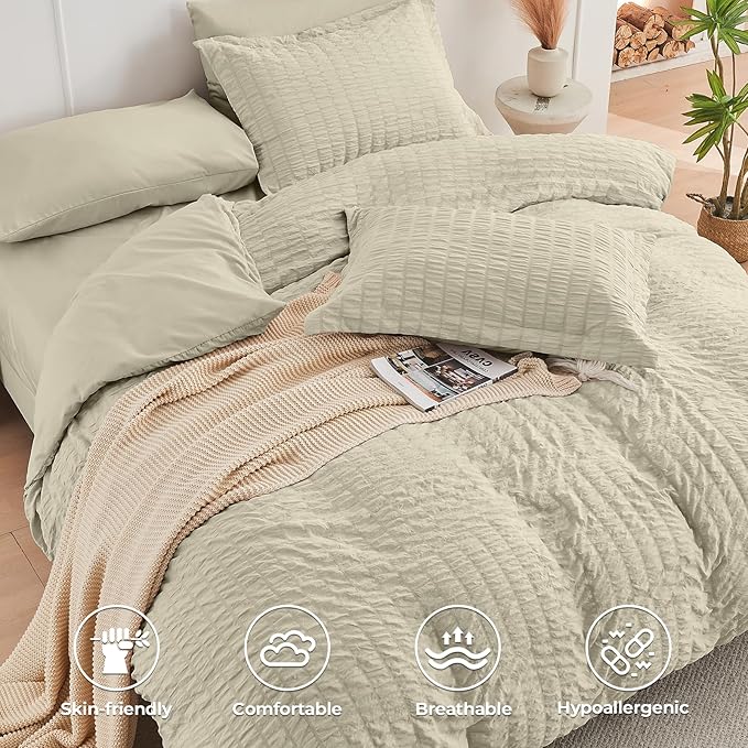 HYMOKEGE Light Linen King Size Comforter Set Seersucker 7 Pieces, All Season Luxury Bed in a Bag for Bedroom, Bedding Set with Comforter, Sheets, Pillowcases & Shams