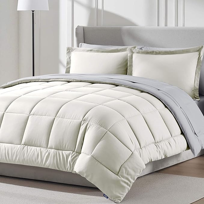 Nestl 9 Piece California King Comforter Set – Off White Reversible Bed in a Bag – Complete Cal King Size Bedding Set with Sheets, Set of 2 Cooling Pillows, Pillowcases and Shams