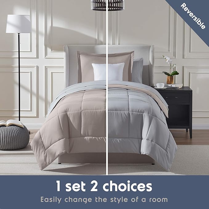 Nestl 7 Piece Twin XL Comforter Set – Linen Reversible Bed in a Bag – Complete Twin XL Size Bedding Set with Sheets, Set of 2 Down Alternative Pillows, Pillowcase and Sham