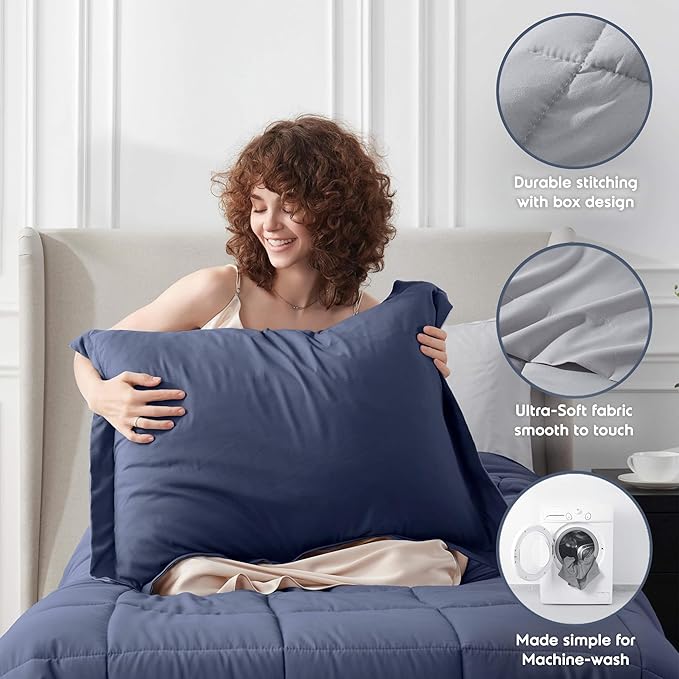 Nestl 7 Piece Twin Comforter Set – Navy Reversible Bed in a Bag – Complete Twin Size Bedding Set with Sheets, Set of 2 Down Alternative Pillows, Pillowcase and Sham