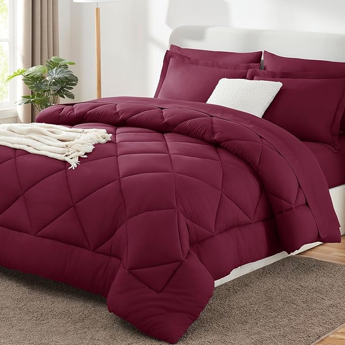 CozyLux Oversized Queen Comforter Set Burgundy - 7 Pieces Bed in a Bag Comforter Set with Sheets, Luxury Soft Bed Set, Bedding Set with Down Alternative Comforter, Sheets, Pillowcases & Shams, Red