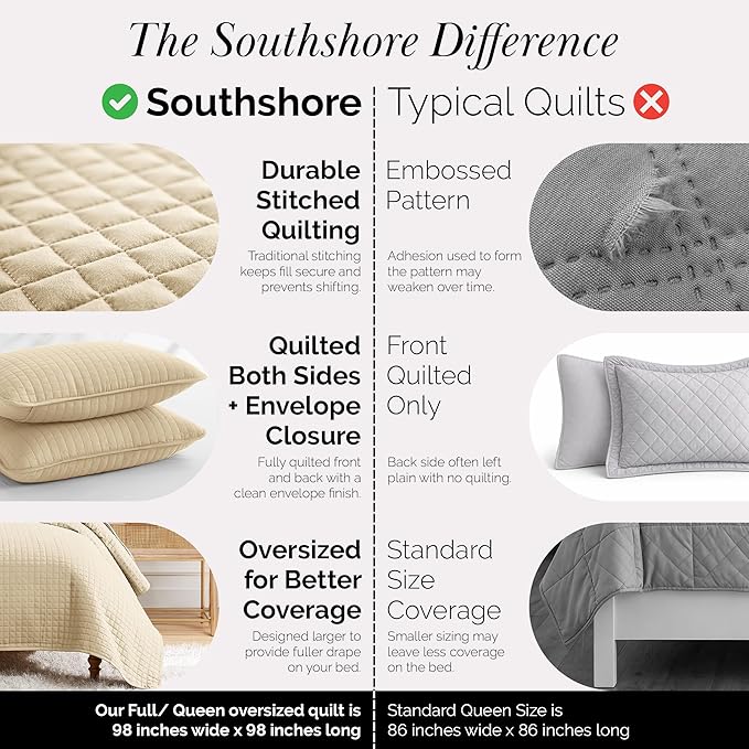 Southshore Fine Living, Inc. Queen Size Quilt Bedding Set, Hotel Quilts, Pet Hair Resistant Bedding Sets, Coverlet Queen Size, Full Size Bedspread with 2 Pillow Shams, Beige Quilts, Soft Sand