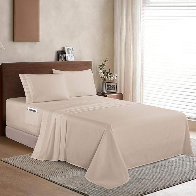 Elegant Comfort Luxury 1500 Premium Hotel Quality Microfiber 4-Piece Sheet Set - Soft, All Around Elastic 18-24 Inches Deep Fitted Sheet - Extra Deep Pocket Sheets, King, Cream