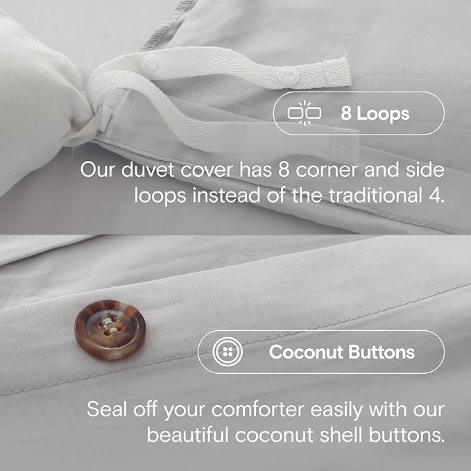 DOZ 100% Long Staple Cotton Duvet Cover Set, Soft Sateen Weave Cotton, Smooth, Breathable, Hotel Comfort, 90"x90", 8 Loops, 3pc – 2 Pillowcases 1 Duvet Cover (Dove, Full/Queen)