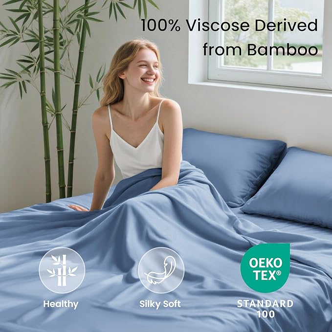 Love's cabin 4 Piece Full Size Sheet Set, 100% Rayon Derived from Bamboo, Cooling & Breathable, Soft Silky Deep Pocket up to 16", Hotel Luxury Bedding for Hot Sleepers, Mineral Blue