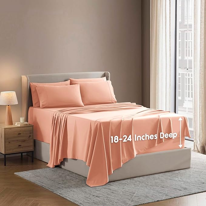 Nestl Extra Deep Split King Sheet Set - 7 Piece Breathable & Cooling Sheets - Hotel Luxury Bedding Set w/18-24 Inch Deep Pockets - Easy & Secure Fit - Super Soft, Wrinkle Free & Comfy - Peach Beige