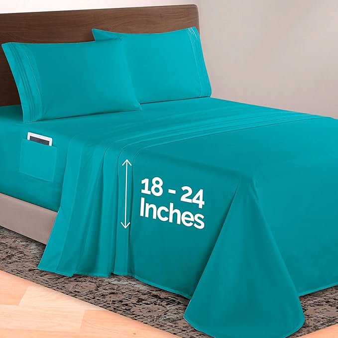 Elegant Comfort Luxurious 1500 Premium Hotel Quality Microfiber 4-Piece Sheet Set, 18-24 Inches Deep - Extra Deep Pocket Sheets - Ultra Soft 4PC Deep Pocket Sheets, Full, Turquoise