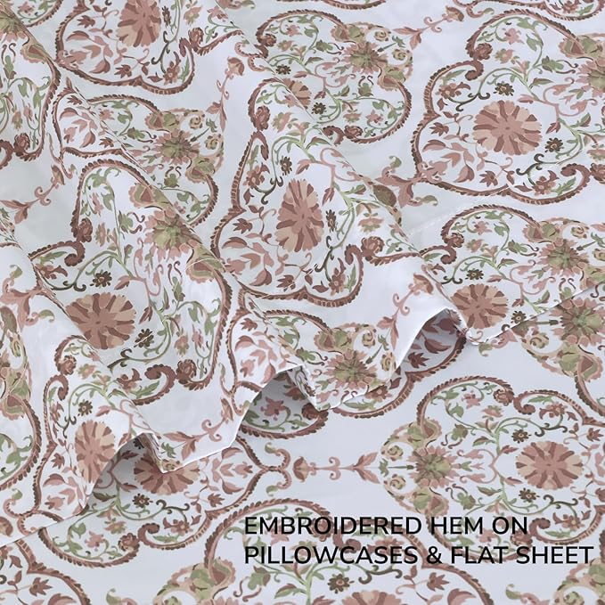 Feather & Stitch Printed 500 TC California King Size 4pc Damask Bed Sheet Set, 100% Soft Cotton Breathable Bedsheets, 18" Deep Pockets Sateen Weave Striped Bedding Mattress - Floral Bloom