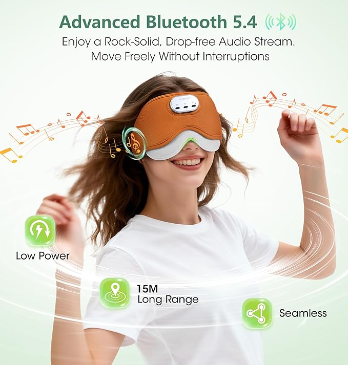 LC-dolida Voice Control Bluetooth Sleep Mask, Bamboo Cotton Bluetooth Sleep Headphones with 3D Zero-Pressure Cups and Timer Setting, Total Blackout Sleep Eye Mask for Side Sleepers (Orange)