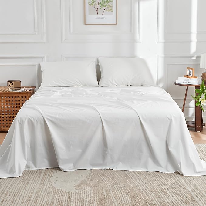 DOZ 100% Long Staple Cotton Sheet Sets, Classic Crisp Percale Weave, Breathable, Matte Finish, Hotel Style, Durable, 4pc – 2 Pillowcases 1 Fitted 1 Flat (Snow, Cal King)