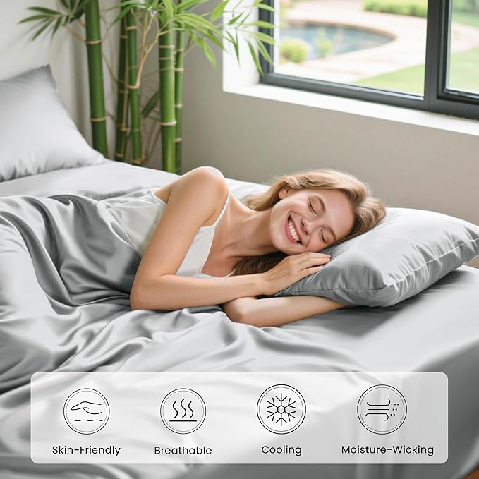 Love's cabin 3 Piece Twin Sheet Set, 100% Rayon Derived from Bamboo, Cooling & Breathable, Soft Silky Deep Pocket up to 16", Hotel Luxury Bedding for Hot Sleepers, Light Grey