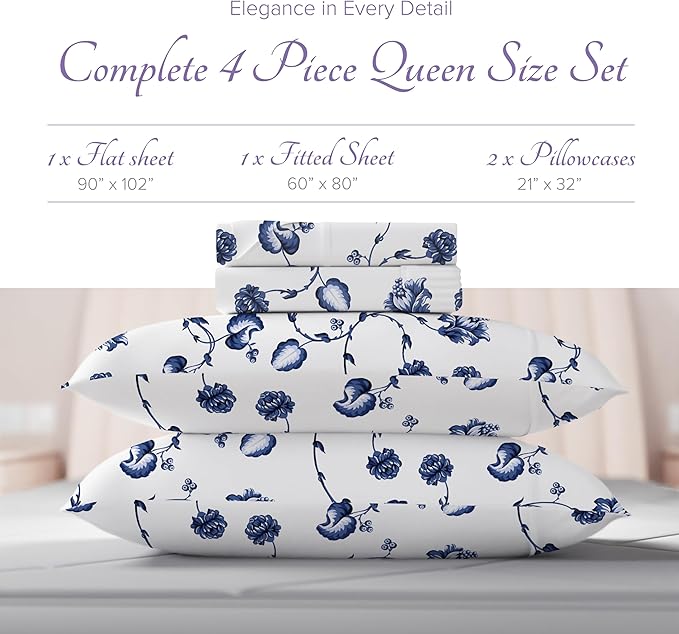 Carressa Linen 100% Egyptian Cotton Queen Sheet Set - 600 Series Hydrangeas Printed Egyptian Cotton Queen Sheets Set (4 PC, Floral Blue), 16" Deep Pocket Sateen Weave Luxury Hotel Bed Sheet