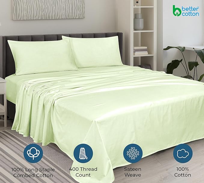 ROYALE LINENS 400 Thread Count 100% American Grown Cotton 4 Piece Sateen Full Sheet Set - 1 Fitted Sheet, 1 Flat Sheet, 2 Pillow case - Green Full Bedsheet - Cotton Sheets - (Full, Florentine Sage)