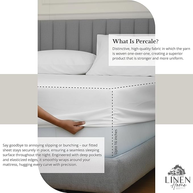 Linen Home 6 Piece California King Sheet Set, 100% Cotton Percale, 4 Pillowcases, Deep Pocket with All Around Elastic Sheet, Crisp Breathable Bedding, Hotel Luxury, Long-Staple Combed Cotton, White