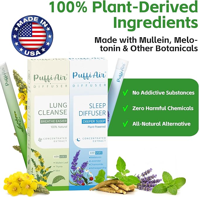 Herbal Diffuser Duo, Lung Cleanse and Sleep Diffuser with Extracts of Mullein and Melatonin, 100% Natural Swap, Day & Night Duo, 4 Sticks, 600 Uses Each=