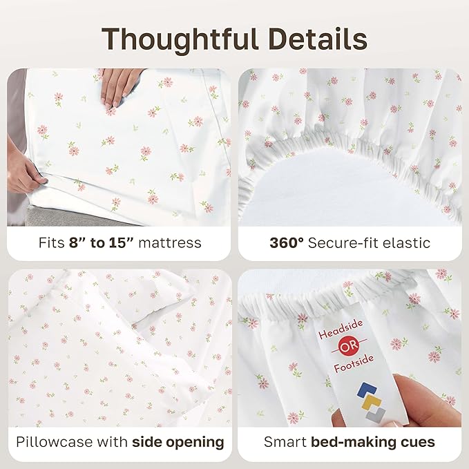 California Design Den Soft 100% Cotton Twin XL Bed Sheets Set, 400 Thread Count Good Housekeeping Award Winner, Smooth Sateen Finish, Cozy and Durable Twin XL Bedding Set - Soft Floral