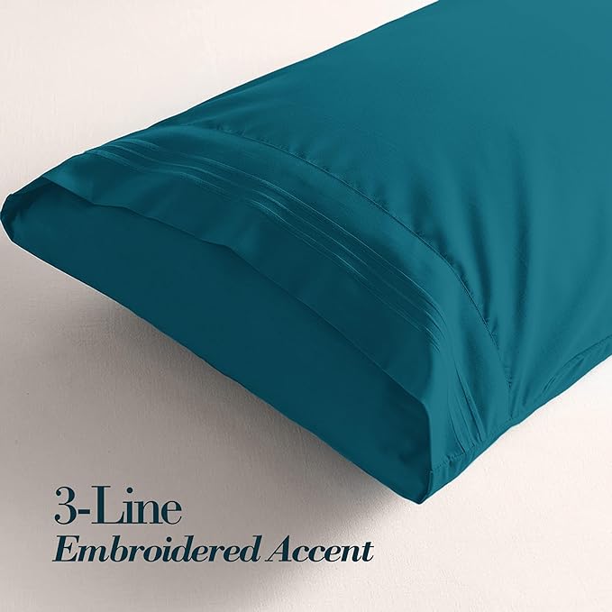 Mocassi 2-Piece Premium King Pillowcase Set 1800 Series Hotel Quality Microfiber - Soft and Breathable with 3-Line Embroidery Wrinkle and Stain Resistant, Easy Care, 20" x 40", Midnight Teal
