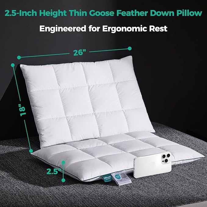 Three Geese Ultra Thin Flat Goose Down Feather Pillows for Sleeping Standard Size Set of 2, 2.5" Height, 100% Cotton Cover, Ultra Slim Hotel Collection Bed Pillow for Stomach, Back Sleeper, 18x26 in.