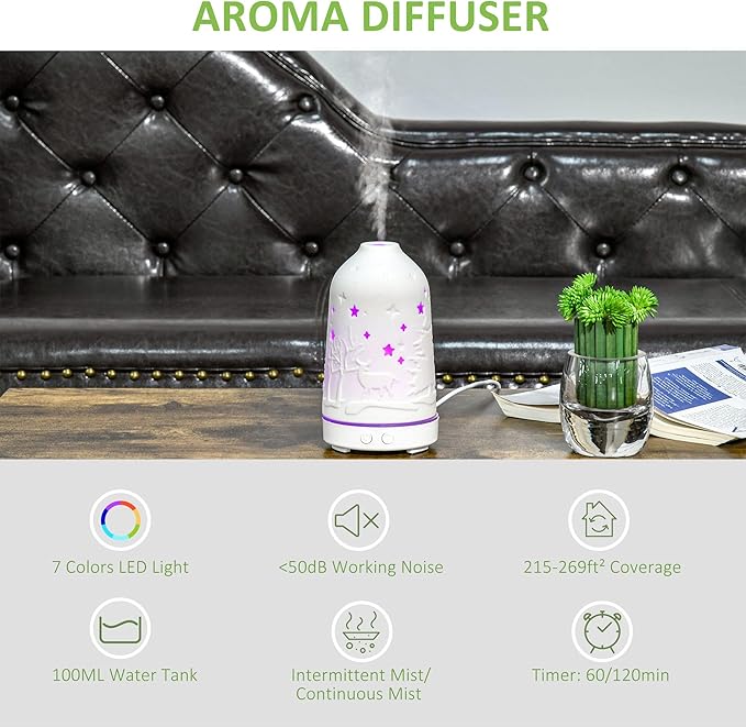 100ml All-in-One Aroma Diffuser Humidifier – 7-Color LED, Dual Mist Mode, 60/120min Timer, Waterless Auto-Off, 25ml/h, <50dB, White