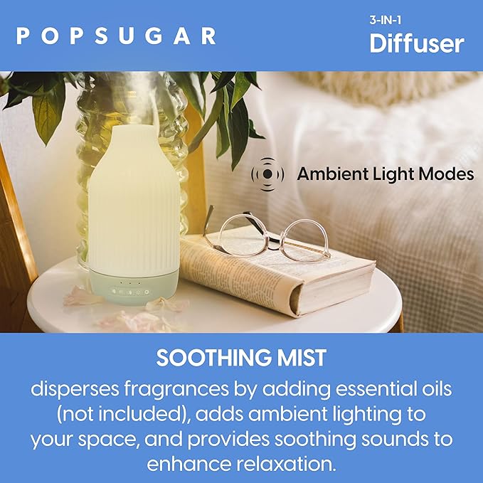 POPSUGAR 3-in-1 Aromatherapy Essential Oil Diffuser for Rooms and Home, Humidifier with Light and Natural Sound Settings, Auto Shut Off