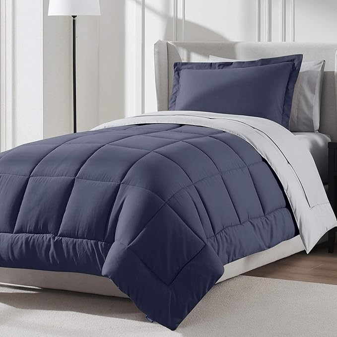 Nestl 7 Piece Twin XL Comforter Set – Navy Reversible Bed in a Bag – Complete Twin XL Size Bedding Set with Sheets, Set of 2 Down Alternative Pillows, Pillowcase and Sham