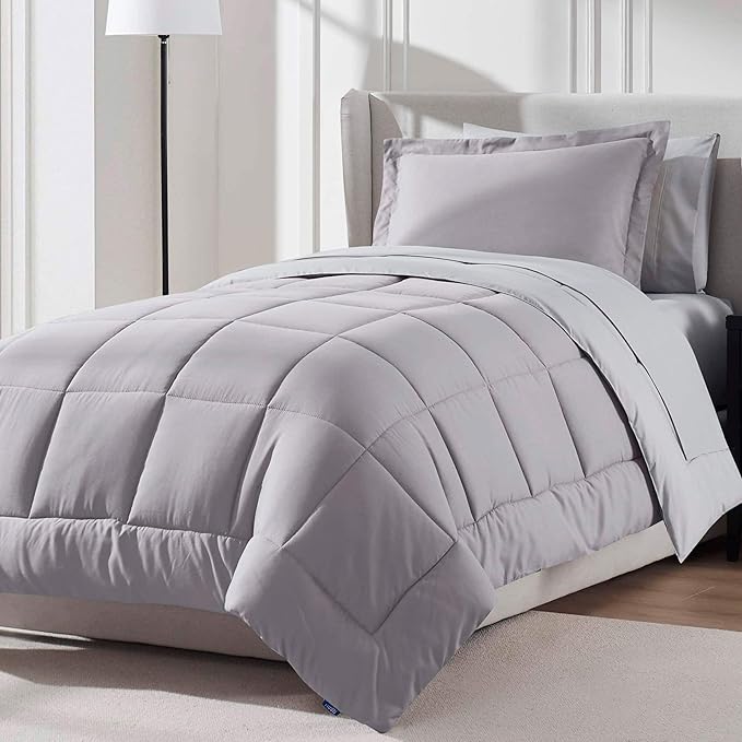 Nestl 7 Piece Twin Comforter Set – Grey Lavender Reversible Bed in a Bag – Complete Twin Size Bedding Set with Sheets, Set of 2 Down Alternative Pillows, Pillowcase and Sham