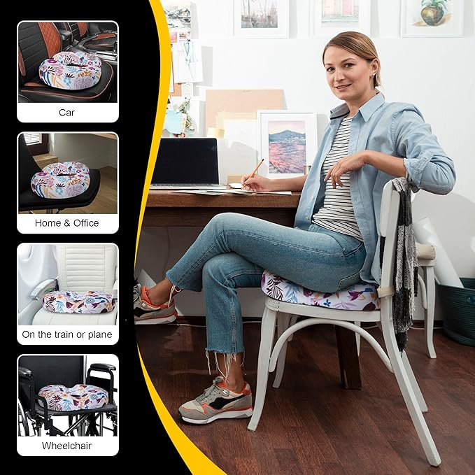 Donut Pillow Seat Cushion for Tailbone Pain Relief and Hemorrhoids, Home Office Chair Cushion for Long Sitting Work, Memory Foam Car Seat Cushions for Driving Butt Pain & Postpartum Pregnancy