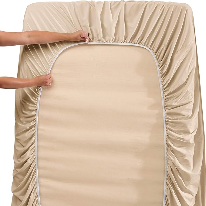 Clara Clark Flex Top King Sheets, 6 Piece Set - Hotel Luxury Sheets for Top Split King Bed, Super Soft Bedding Set, Head Split King Beige Cream