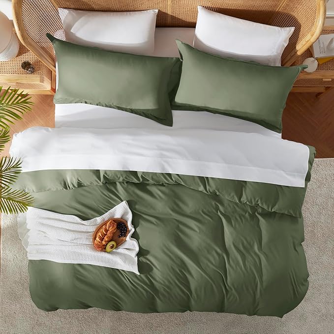 Nestl California King Duvet Cover Set with Comforter Insert - Olive Green 4 Piece 104x98 Duvet Cover & 2 Pillow Shams with White Quilted Down Alternative Comforter, Ultra Soft, All Season