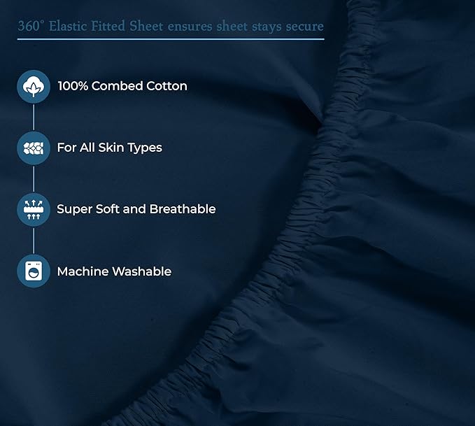 ROYALE LINENS 400 Thread Count 100% American Grown Cotton 4 Piece Sateen King Sheet Set - 1 Fitted Sheet, 1 Flat Sheet, 2 Pillow case - Navy King Bedsheet - Cotton Sheets - (King, Rivera Navy)