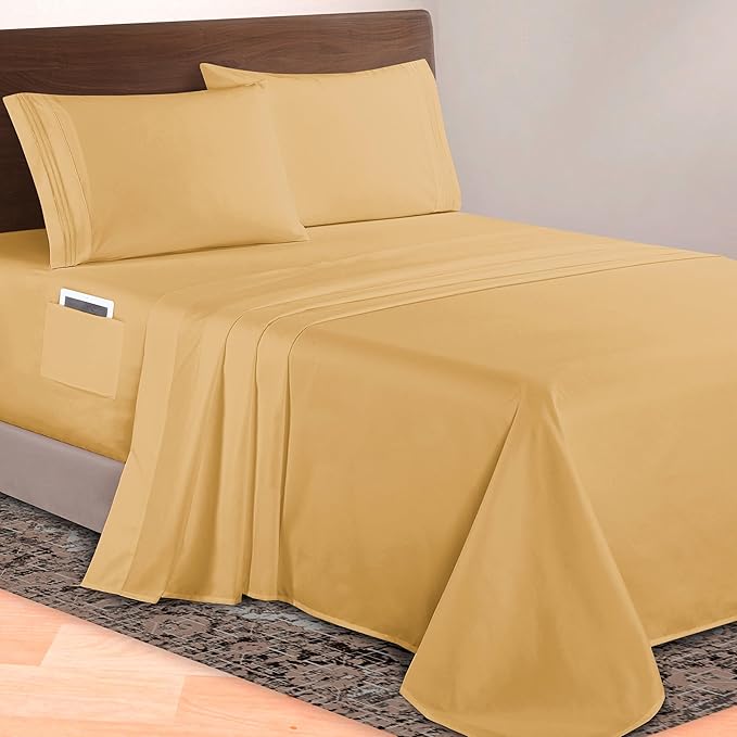 Elegant Comfort Luxurious 1500 Premium Hotel Quality Microfiber 4-Piece Sheet Set, 18-24 Inches Deep - Extra Deep Pocket Sheets - Ultra Soft 4PC Deep Pocket Sheets, Queen, Camel-Gold