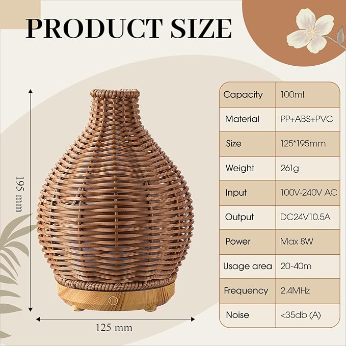Copkim Essential Oil Diffuser Rattan Woven Boho Aroma Humidifier 80ml Ultrasonic Aromatherapy Diffuser with Timer and Waterless Auto-Off 2 Mist Modes Noiseless Warm Light for Home Office Bedroom
