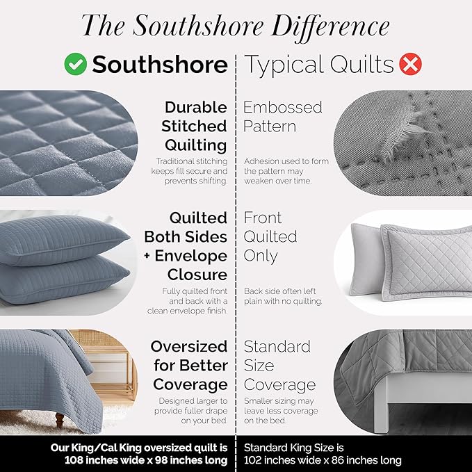 Southshore Fine Living, Inc. Oversized King Quilt Set, Blue Bedspread King California Comforter with 2 Matching Pillow Shams, Microfiber Coverlet Set, Oversized King Size Quilt, Slate Blue Bedding