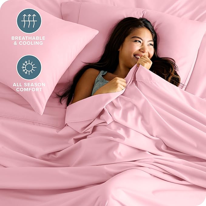 Bare Home Split Head Flex King Sheet Set - 1800 Ultra-Soft Microfiber Bed Sheets - Double Brushed - Deep Pockets - Easy Fit - 4 Piece Set - Bedding Sheets & Pillowcases (Light Pink)