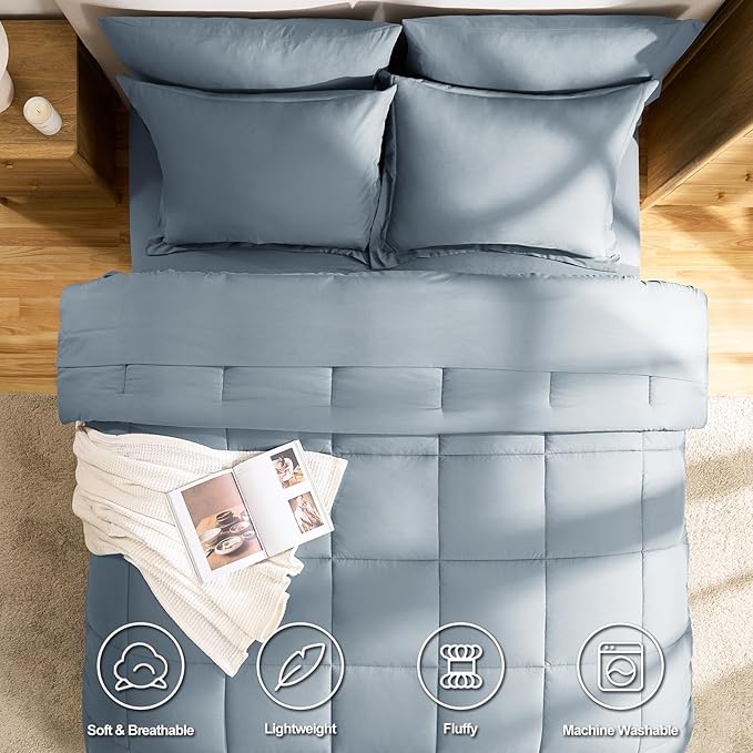 CozyLux Oversized King Comforter Sets Grayish Blue, 7 Pieces Bed in a Bag, 120x98 Box Stitched Design Bedding Set, All Season Soft Bed Set with Down Alternative Comforter, Sheets, Pillowcases & Shams