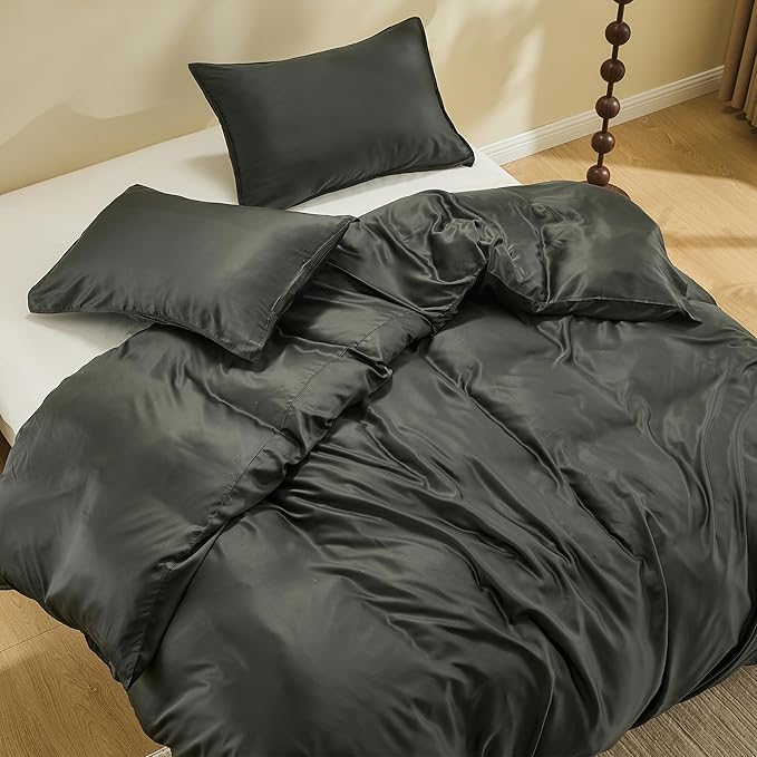 Simple&Opulence Cooling Duvet Cover Set Queen Size, 3 Pcs 100% Viscose Derived from Bamboo Hotel Luxury Silky Bedding Set, Breathable Soft Comforter Cover for Hot Sleeper with 2 Pillowcases(Dark grey)