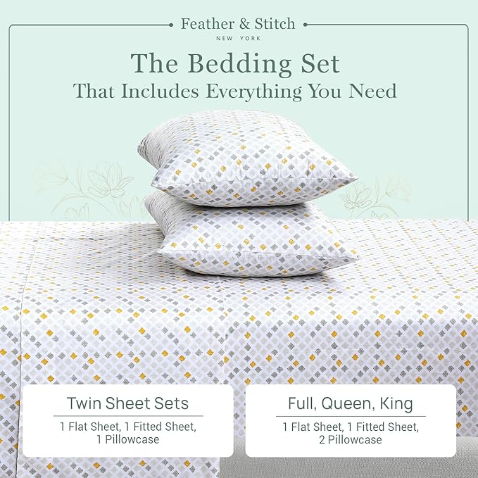 Feather & Stitch Softest 100% Cotton Sheets, 300 Thread Count Percale Weave Bedding, 16" Deep Pocket, Cooling Sheets, Breathable Bed Set, Hotel Premium Quality (Queen, Yellow Diamond)