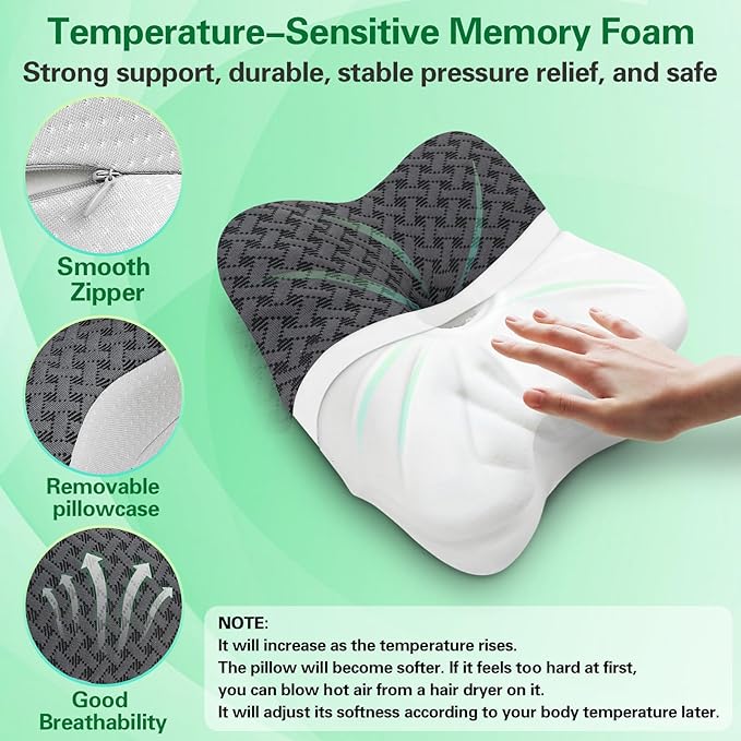 SAHEYER Travel Pillow for Sleeping, Ergonomic Cervical Neck Support Pillows, Lightweight Memory Foam Travel Pillow for Camping, Backpacking, Hammock - with Travel Storage Bag and Cooling Cover, Black