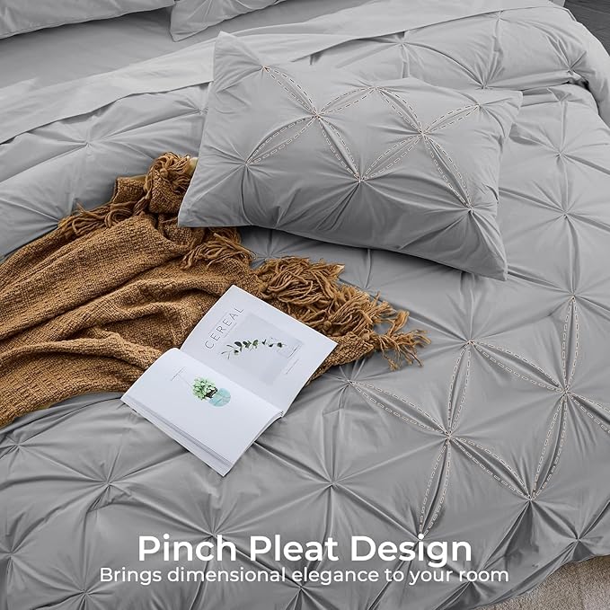 Sasttie King Size Comforter Set, 7-Piece Bed in a Bag, Pintuck Bedding Sets for All Season, Includes Comforter, Flat Sheet, Fitted Sheet, Pillowcases and Pillowshams, Light Grey