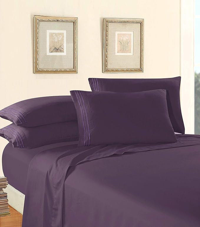 Elegant Comfort Luxury 1500 Premium Hotel Quality Microfiber 4-Piece Sheet Set - Wrinkle Resistant, All Around Elastic Fitted Sheet, Deep Pocket up to 16", Twin/Twin XL, Purple