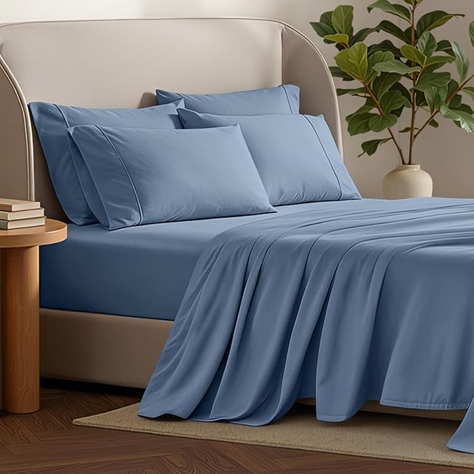 Bare Home Hotel Luxury Full XL Sheet Set, Extra Soft, 6 Piece Set, Deep Pockets, Easy Fit, Cooling & Breathable, Wrinkle, Fade, Stain Resistant, Includes 4 Pillowcases (Full XL, Coronet Blue)