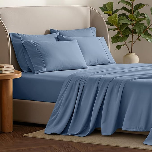 Bare Home Hotel Luxury Full XL Sheet Set, Extra Soft, 6 Piece Set, Deep Pockets, Easy Fit, Cooling & Breathable, Wrinkle, Fade, Stain Resistant, Includes 4 Pillowcases (Full XL, Coronet Blue)