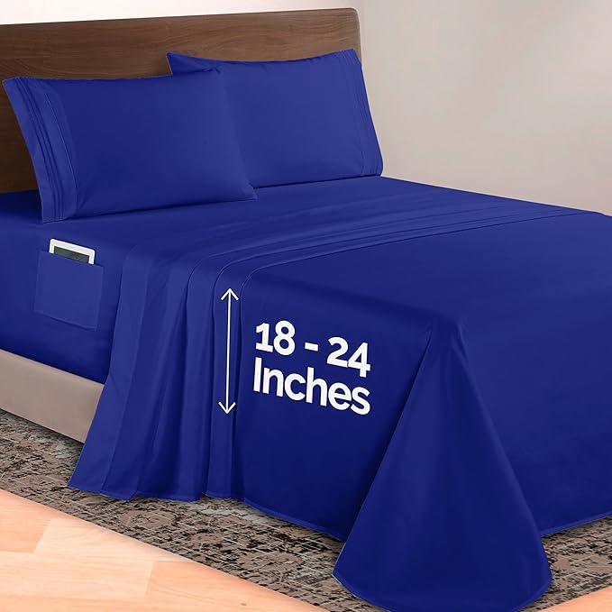 Elegant Comfort Luxurious 1500 Premium Hotel Quality Microfiber 4-Piece Sheet Set, 18-24 Inches Deep - Extra Deep Pocket Sheets - Ultra Soft 4PC Deep Pocket Sheets, California King, Royal Blue