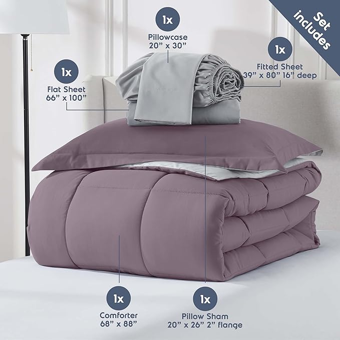 Nestl 7 Piece Twin XL Comforter Set – Dusty Purple Reversible Bed in a Bag – Complete Twin XL Size Bedding Set with Sheets, Set of 2 Cooling Pillows, Pillowcase and Sham