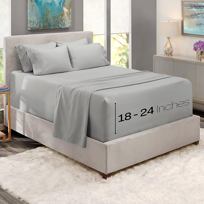Hearth & Harbor Extra Deep Pocket King Size Sets - Fits Mattress 18-24 Inches Deep - Extra Deep Pocket Sheets - 6 Piece King Size - Silver