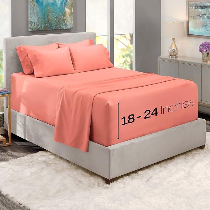 Hearth & Harbor Extra Deep Pocket King Size Sets - Fits Mattress 18-24 Inches Deep - Extra Deep Pocket Sheets - 6 Piece King Size - Misty Rose