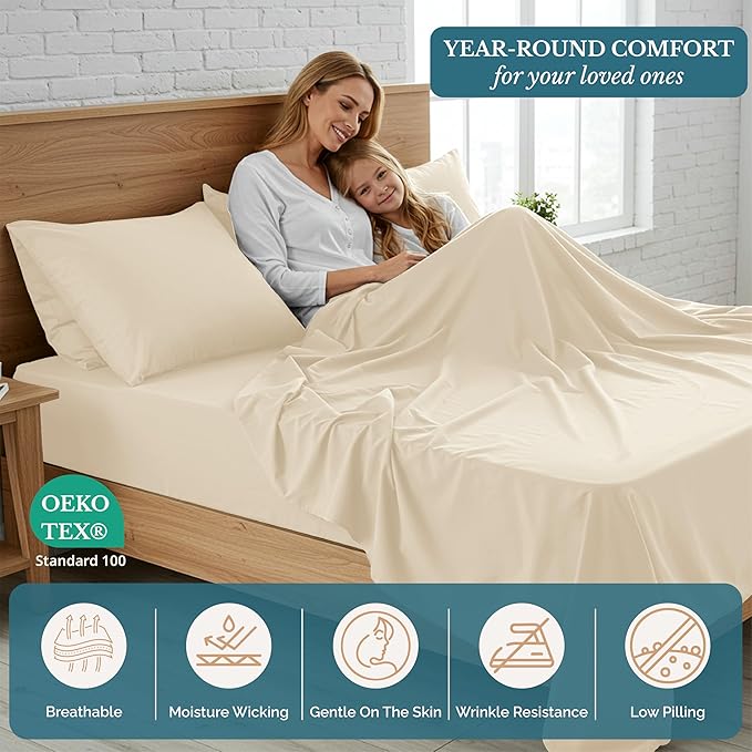Casa Platino California King Size Bed Set, Cozy California King Sheet, Soft Deep California King Sheet Sets, Pre-Washed Bed Set, Bed Sheets Set Deep Pockets - Ivory