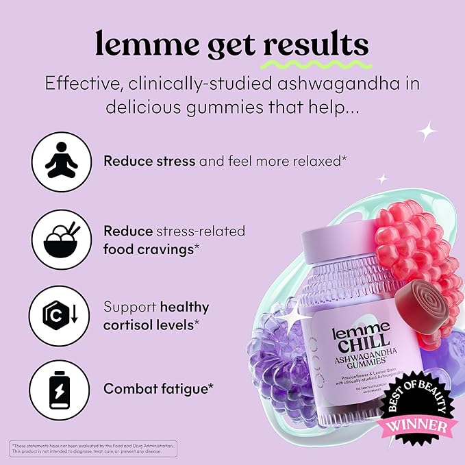 Lemme Chill Stress Relief Gummies with 300mg KSM-66 Ashwagandha, Lemon Balm, Passionflower & Goji to Support Relaxation, Healthy Cortisol & Sleep - Gluten-Free, Non-GMO, Mixed Berry (60 Count)