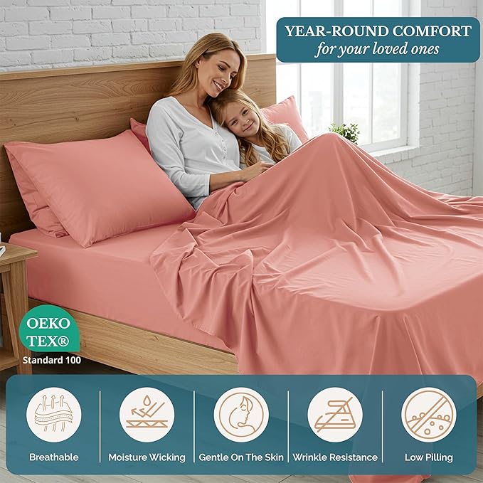 Casa Platino Bedding King Sheet Set – 4 Piece Set, Pre-Washed Ultra Soft Sheets, Deep Pocket, Cooling Bed Sheets, Brushed Microfiber, Cozy & Smooth Finish, 15" Fit for King Bed - Rose Dawn